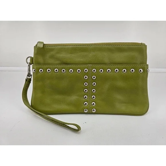 ILI genuine leather studded wristlet lime green clutch purse - Picture 1 of 7